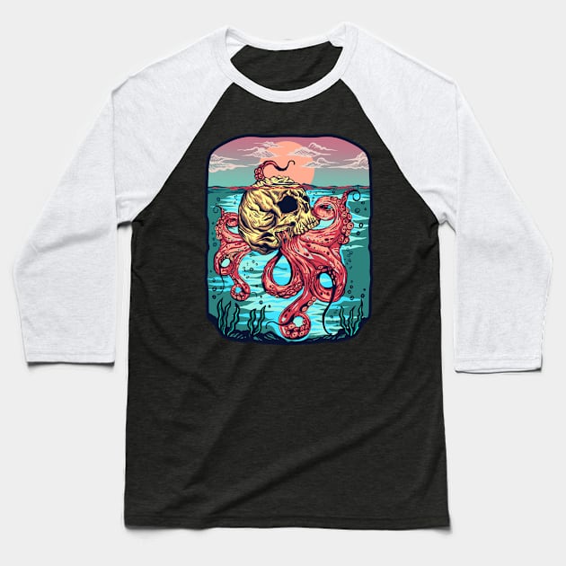 Sunrise Octopus Skull Baseball T-Shirt by pilipsjanuariusDesign